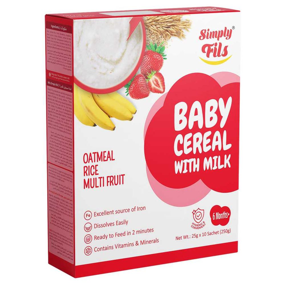 A box of Simply Fils Baby Cereal with Milk, featuring Oatmeal Rice Multi Fruit flavor. The packaging is primarily white with a large red heart graphic, red side panels, and illustrations of strawberries, bananas, and oats.