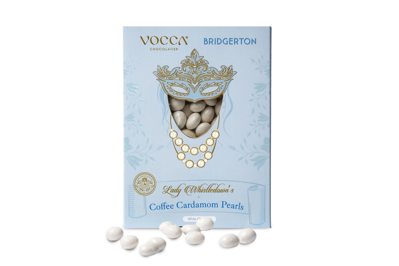Coffee-cardamom pearls in white chocolate, 100g pack.