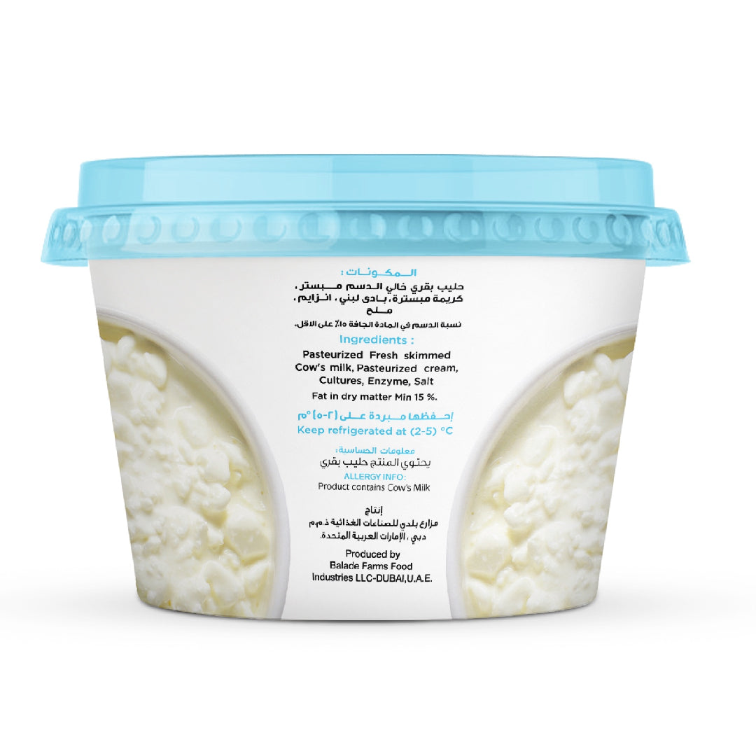 A tub of Rabie's Farms Food Patinated Fresh Skimmed Cow's milk Pasteurized cream, shown on a clean white background. The tub has a light blue lid, a white label with black text, and a beige and white patterned base.