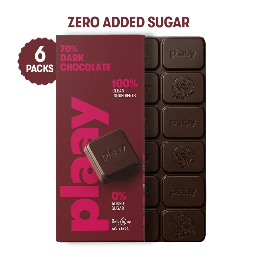 Plaay 70% dark chocolate bar packaging in a deep burgundy box, shown next to a 6-pack display of the dark chocolate bars themselves. The packaging features pink branding and text highlighting 'Zero Added Sugar' and '100% Clean Ingredients'.