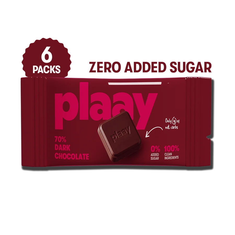 A pack of Plaay 70% Dark Chocolate bars in a deep red wrapper, featuring a single chocolate bar and text overlays '6 PACKS' and 'ZERO ADDED SUGAR' on a white background.
