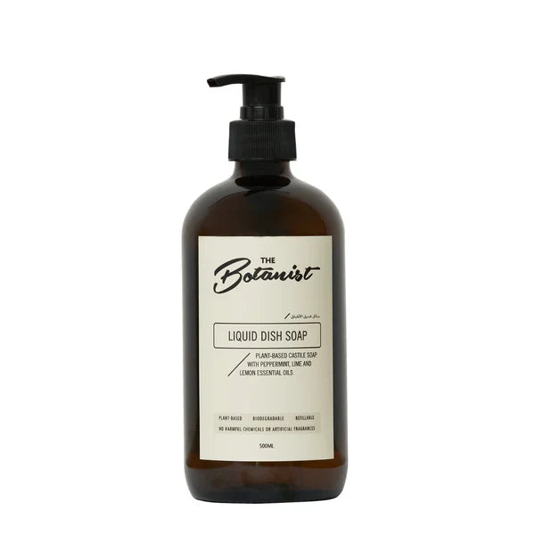 Brown bottle of liquid dish soap with a pump labeled 'The Botanist' on a white background