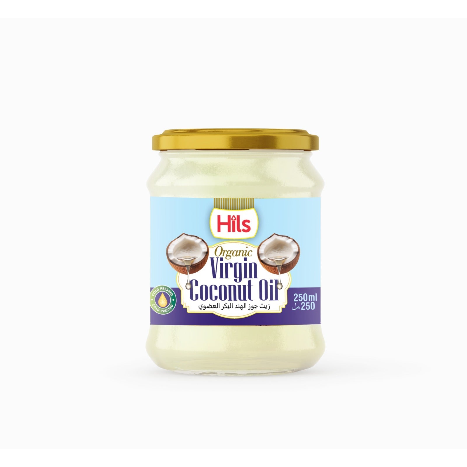 A 250ml glass jar of Hills Organic Virgin Coconut Oil with a gold metal lid and a light blue label, shown on a clean white background.