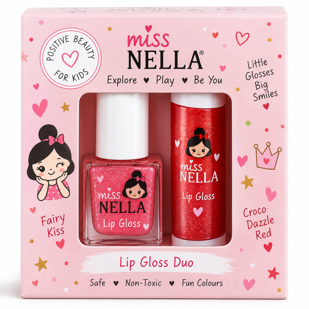 Miss Nella Lip Gloss Duo gift set in its original pink packaging box, featuring a pink glitter lip gloss bottle and a red lip gloss tube with cartoon character illustrations.