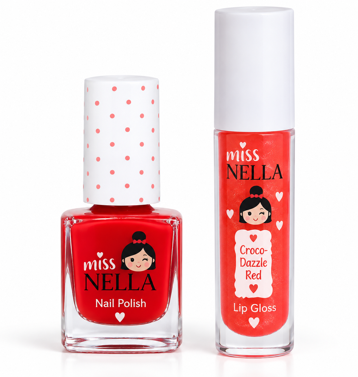 Miss Nella nail polish and lip gloss set in a red shade named 'Croco-Dazzle Red'. The image shows a glass bottle of nail polish with a white cap decorated with pink polka dots, and a matching glass tube of lip gloss with a white cap, both featuring the brand's cartoon logo.