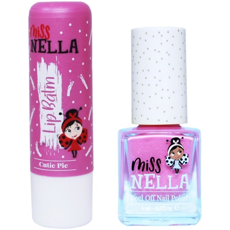 Miss Nella nail polish and lip balm set. The nail polish is a bright pink with glitter and is in a clear bottle with a white polka-dot cap.