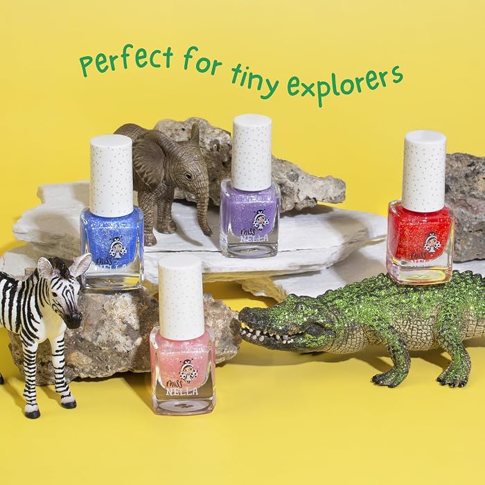 Nail polish bottles with animal figurines on a yellow background with text 'Perfect for tiny explorers'.