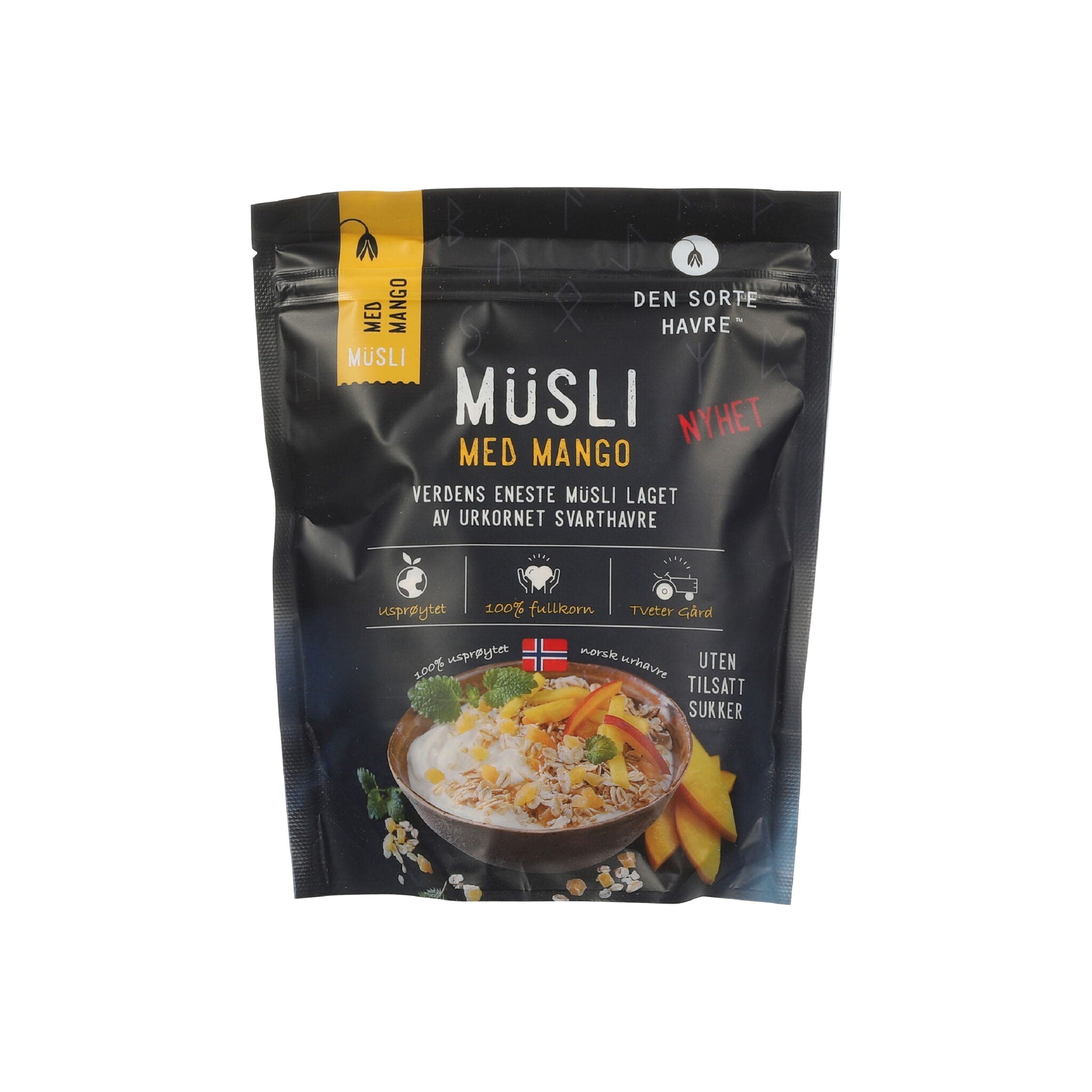 A package of Musli Med Mango (oatmeal with mango) in a black resealable pouch with a yellow accent strip and a bowl of prepared oatmeal pictured on the front, set against a plain white background.