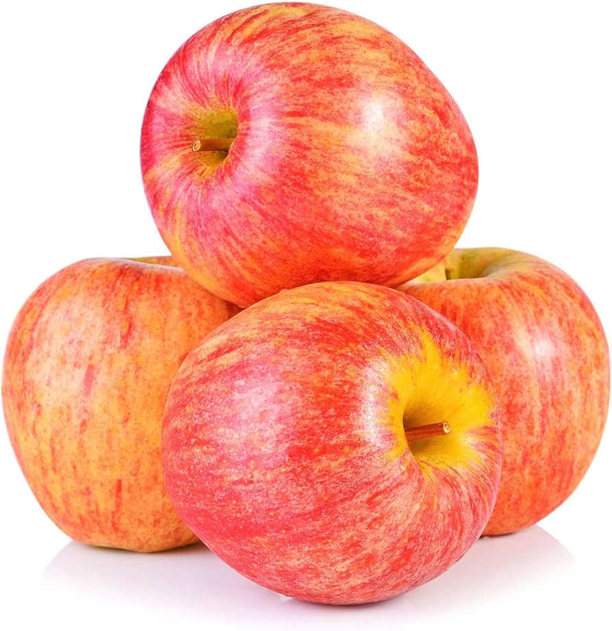Four red and yellow apples stacked together on a white background.