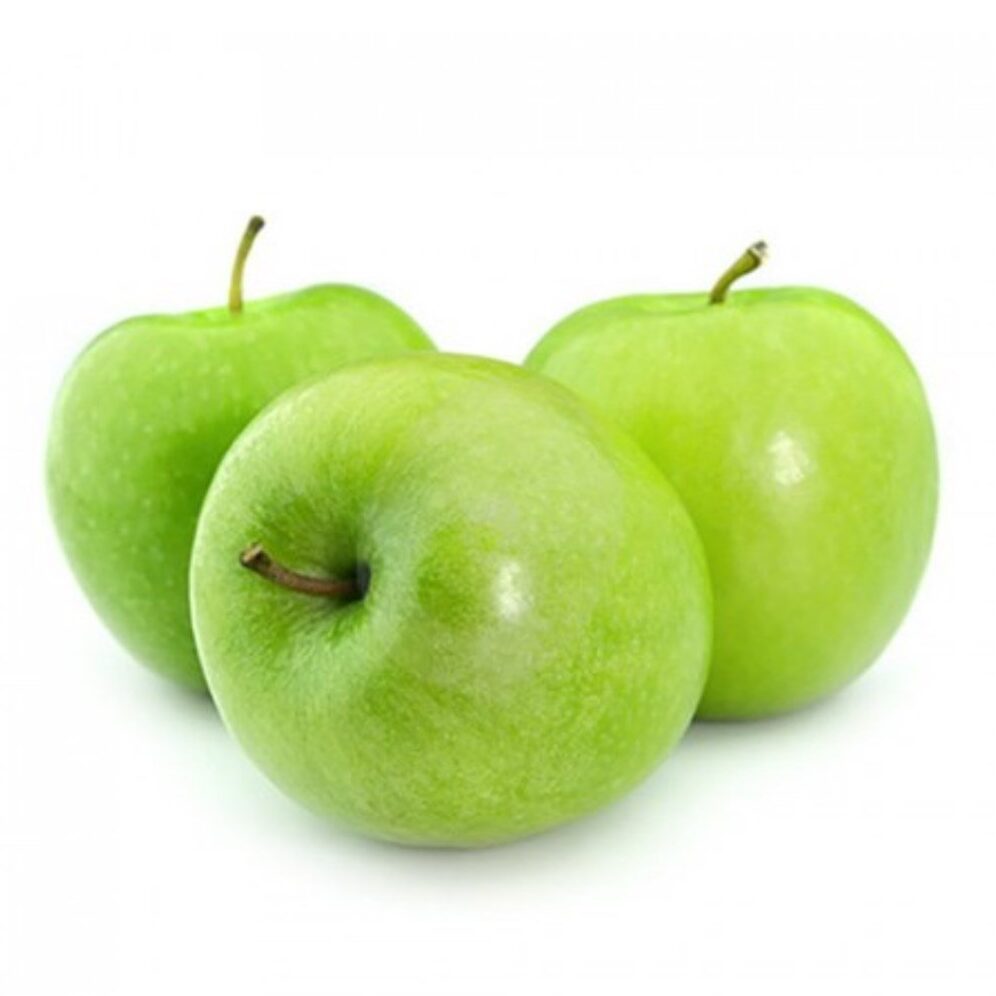 Three bright green apples with short brown stems, arranged together on a plain white background.
