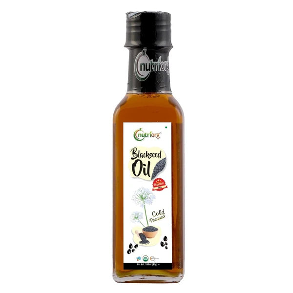 A bottle of CrniKorg Blackseed Oil (Colored Variant) with a white label and black cap, shown on a plain white background.