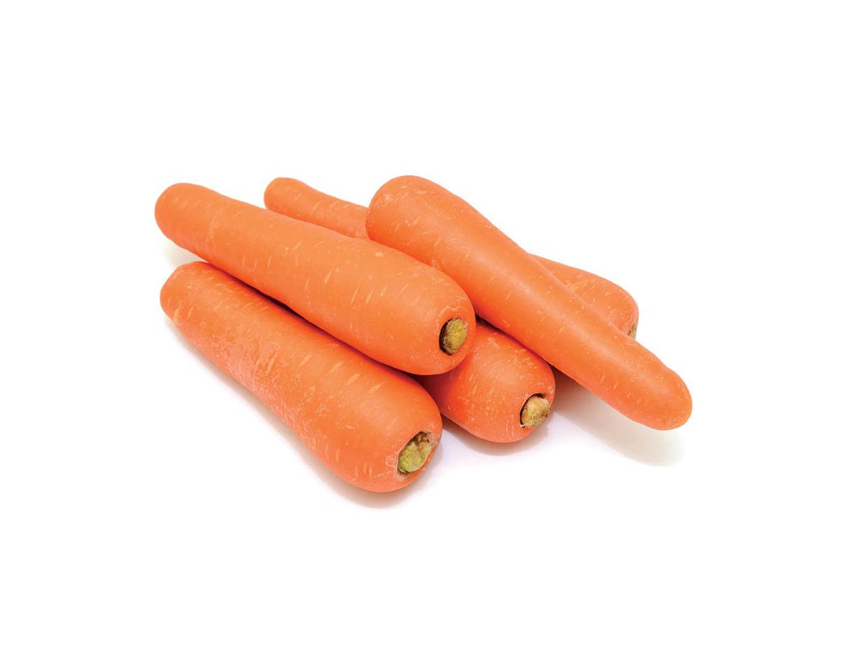 Four bright orange carrots with their green tops still attached, arranged in a small pile on a clean white background.