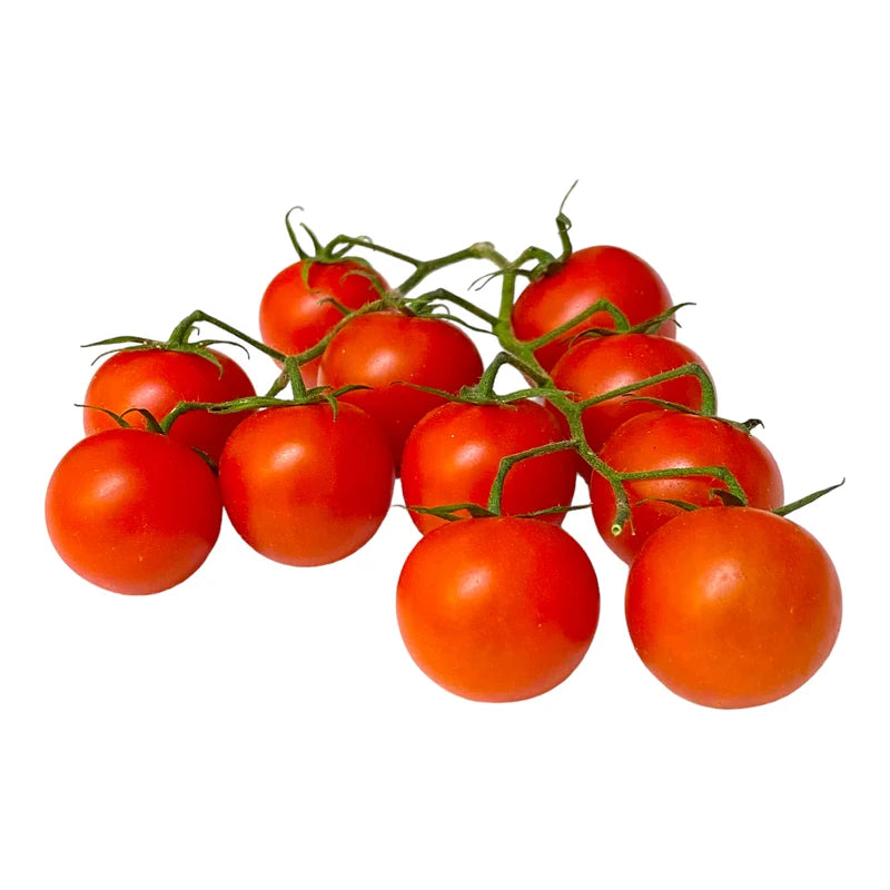 A cluster of small red cherry tomatoes on the vine with green stems, isolated on a white background.
