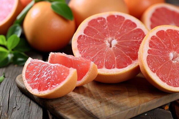 Fresh red grapefruit slices and wedges arranged on a wooden cutting board, with whole grapefruits and green leaves in the background.