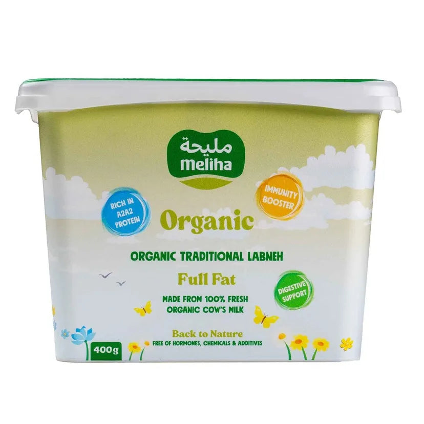 A 400g tub of Meliha Organic Traditional Labneh Full Fat on a plain white background. The packaging features a white and light green design with illustrations of clouds, flowers, and butterflies, and includes several circular badges highlighting product features.