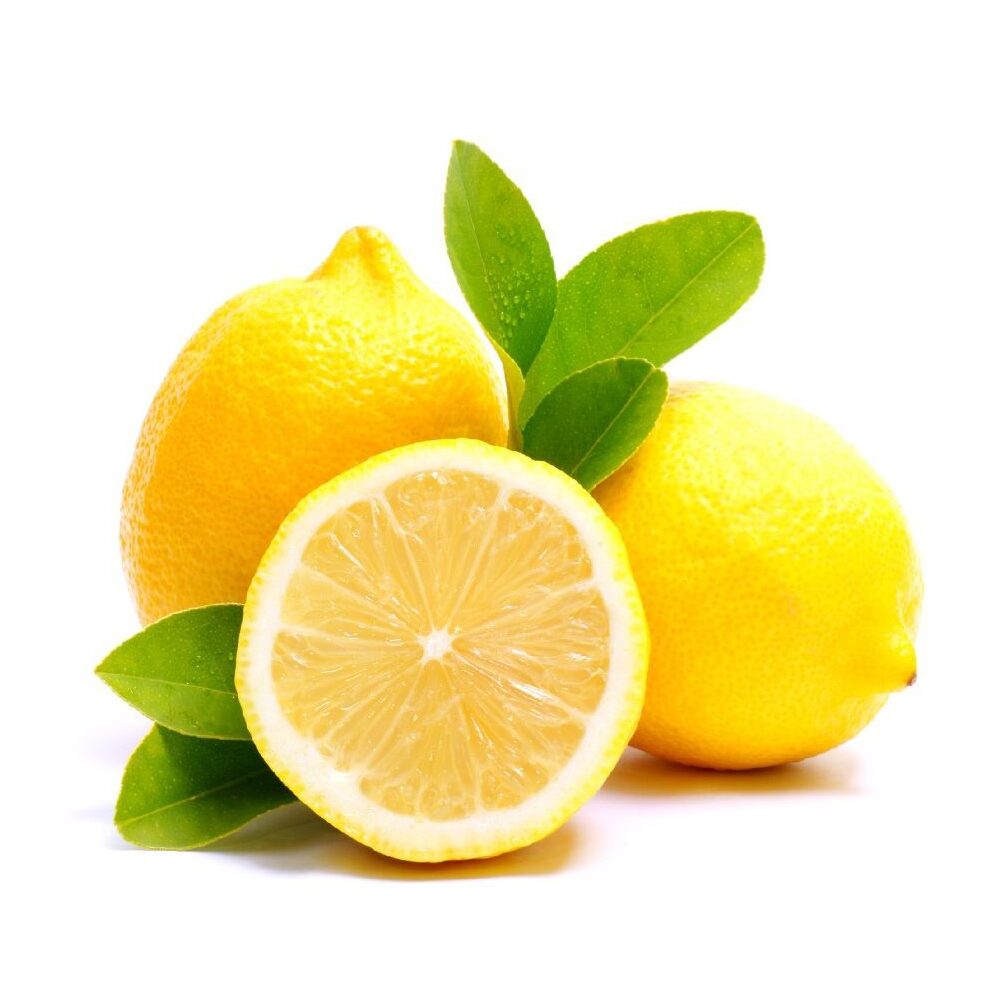 Three lemons on a white background, including one whole lemon, one cut in half to show the juicy interior, and several green leaves.
