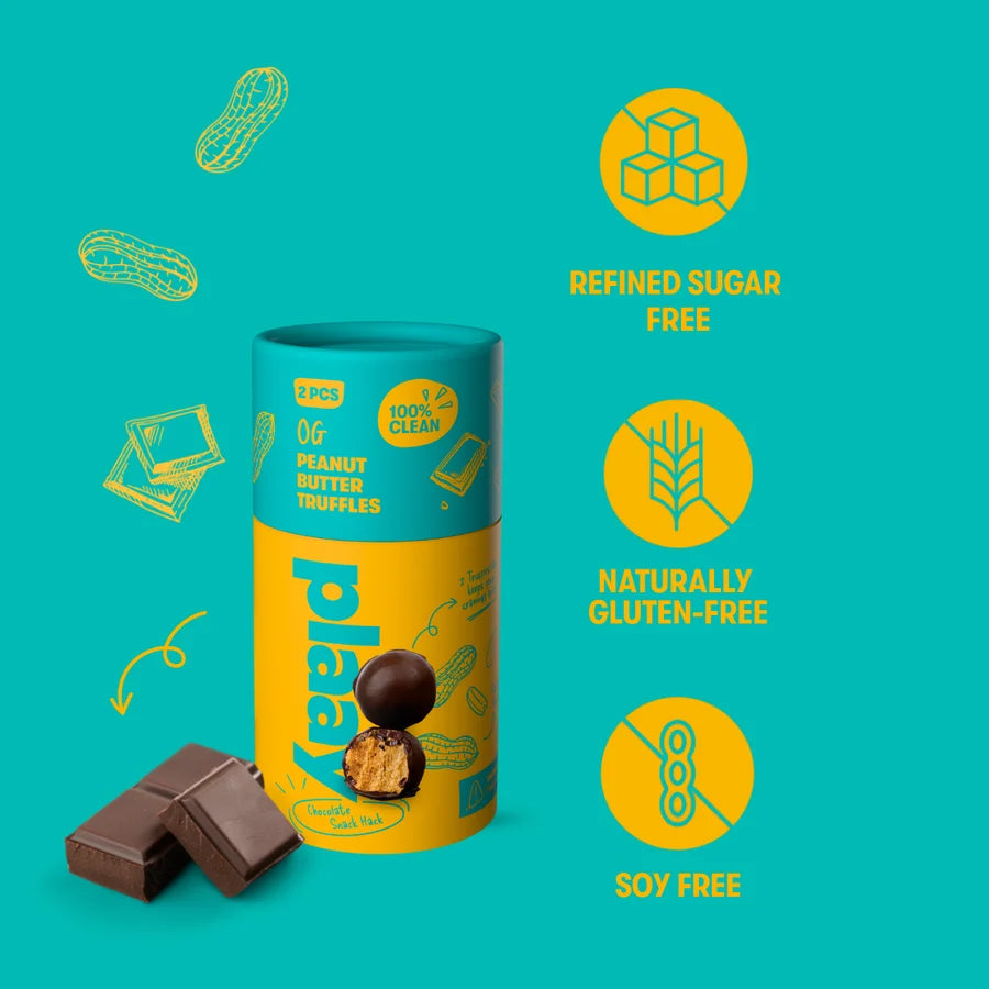 A cylindrical tin of NutriPace Peanut Butter Truffles on a bright teal background, with two chocolate truffles placed in front. Yellow callout icons on the right read 'Refined Sugar Free', 'Naturally Gluten-Free', and 'Soy Free', with small peanut illustrations floating around the product.