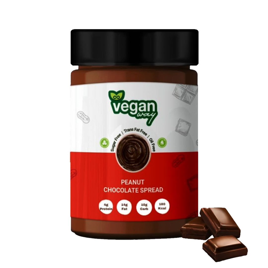 A jar of Vegan Way Peanut Chocolate Spread on a white background, with three chocolate bars placed to the right of the jar.