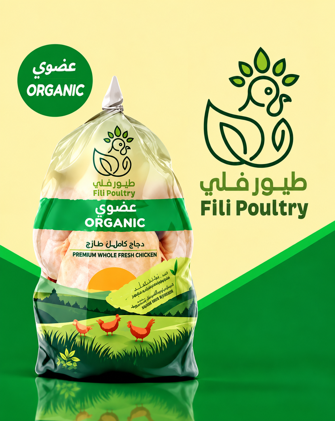 A bag of organic Fili Poultry premium whole fresh chicken, featuring a green and white label with illustrations of chickens and a sun, set against a split green and pale yellow background with the Fili Poultry logo.