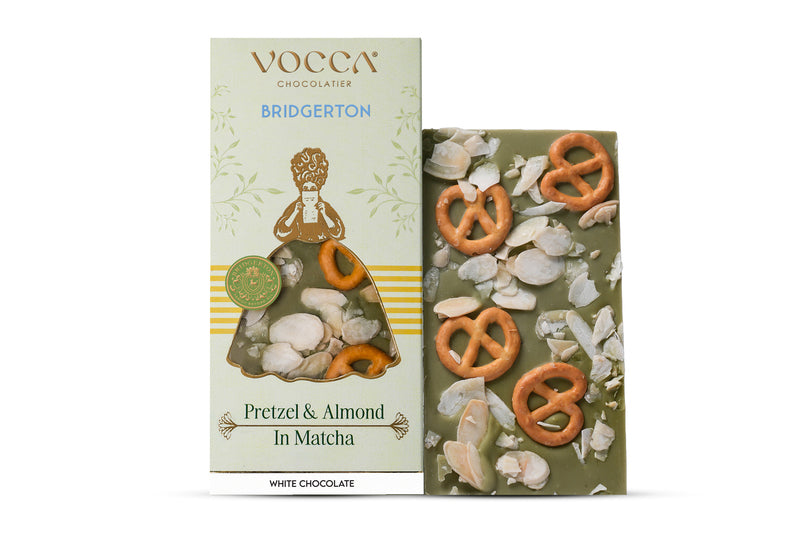 Pretzel with almond in matcha coating.