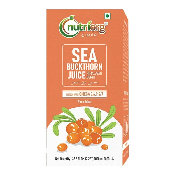 A box of Nutriorg Sea Buckthorn Juice (Himalayan Berry) on a plain white background. The packaging is primarily orange with a white central panel, featuring the brand logo, product name, and an illustration of sea buckthorn berries.