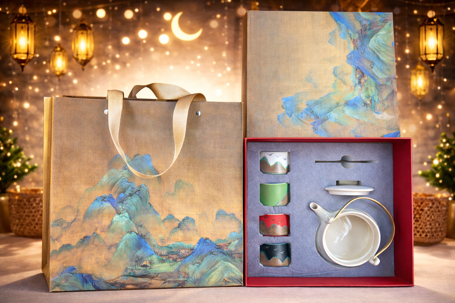 Serenity tea set with teapot and 4 cups.