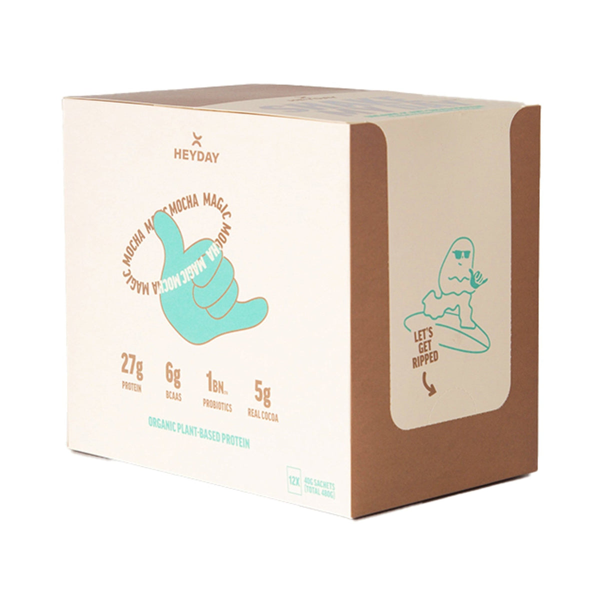 Box of 12 Mocha plant-based protein sachets.