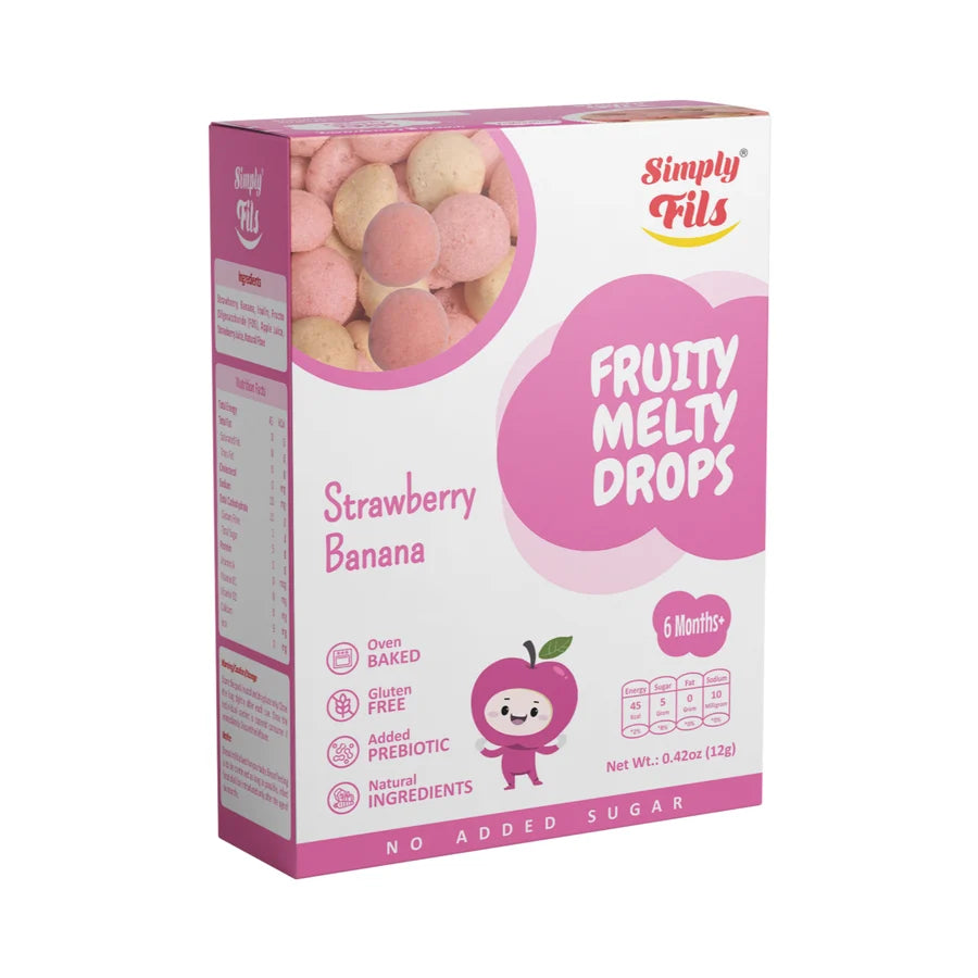 Box of Simply Fills Strawberry Banana Fruity Melty Drops on a white background