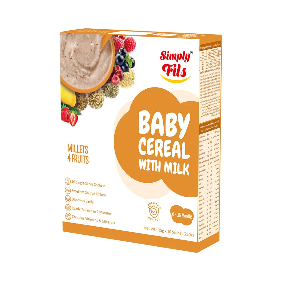 A box of Simply Fils Baby Cereal with Milk, featuring a white and orange design with illustrations of fruits and a bowl of cereal, set against a plain white background.