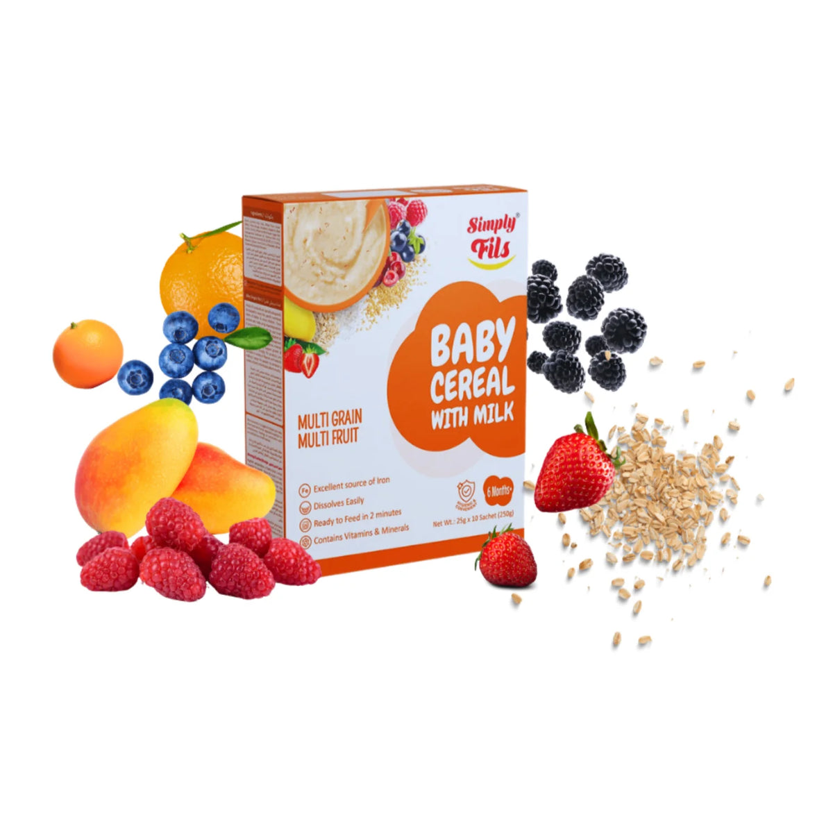 Box of Simply Fits baby cereal with milk surrounded by fruits and cereals on a white background