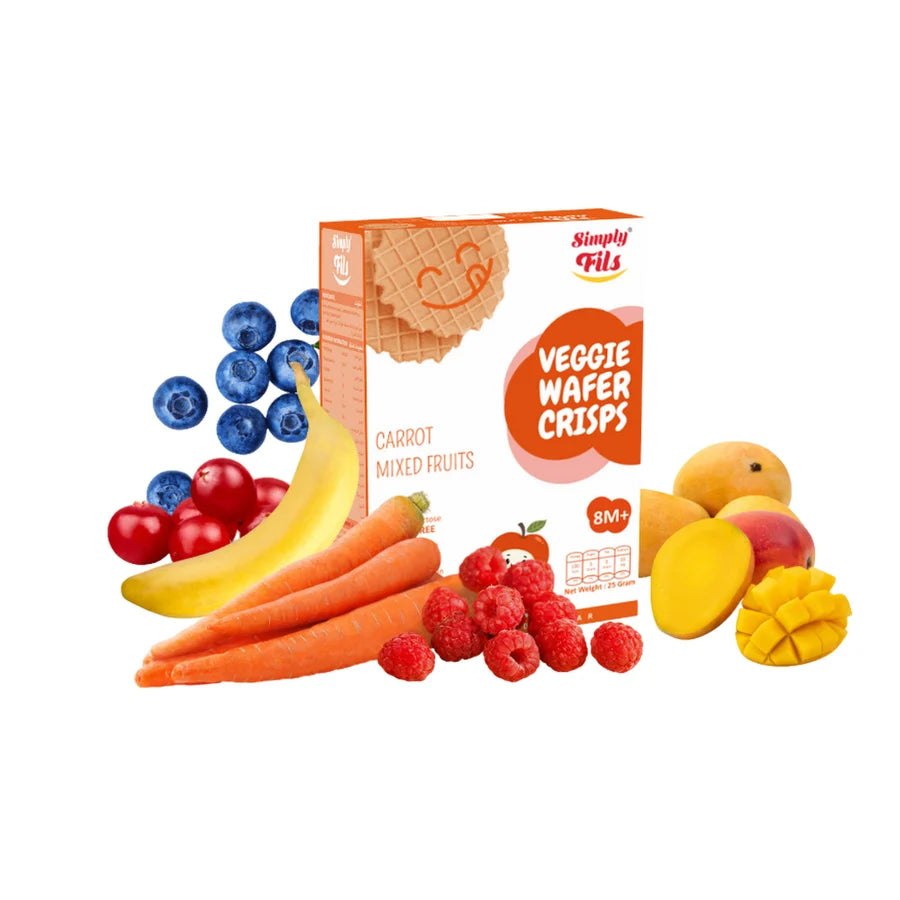 Box of Simply Fills Veggie Wafer Crisps surrounded by fruits and vegetables on a white background