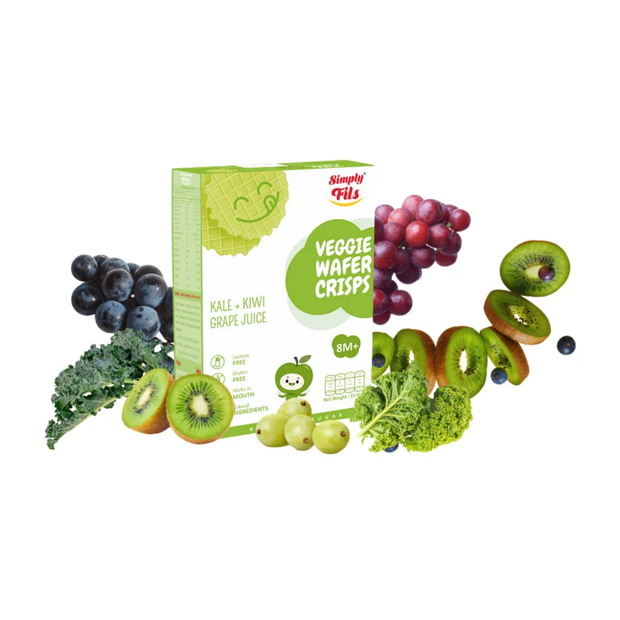 Box of Veggie Wafer Crisps with fruits and vegetables on a white background