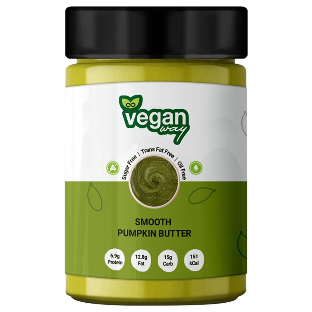 A jar of Vegan Way Smooth Pumpkin Butter on a plain white background. The jar has a black lid, a yellow-green plastic body, and a white and green label with the brand name 'vegan way' and product details.