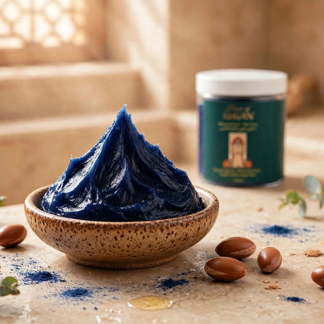 A deep blue whipped cosmetic or hair product piled in a small speckled ceramic bowl, with a branded jar standing blurred in the background and coffee beans scattered on a warm stone surface.