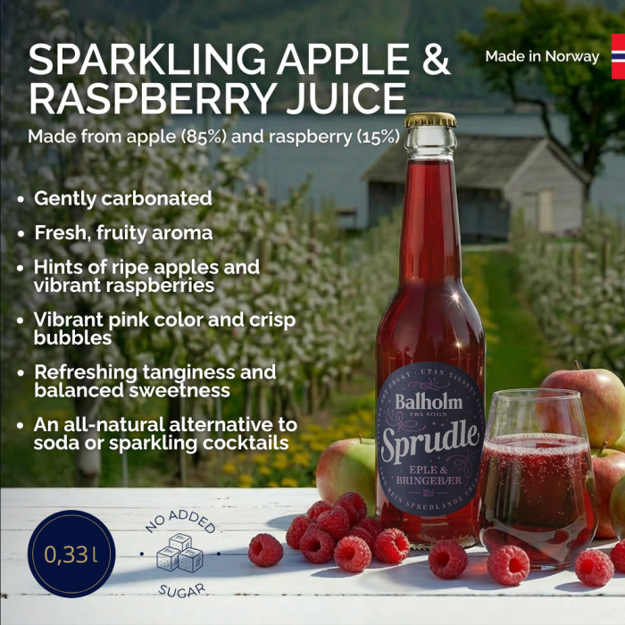 Bottle of Balthom Sprudle sparkling apple & raspberry juice with a glass and fresh raspberries on a white table, set against a blurred apple orchard background with product text and a 'Made in Norway' badge.