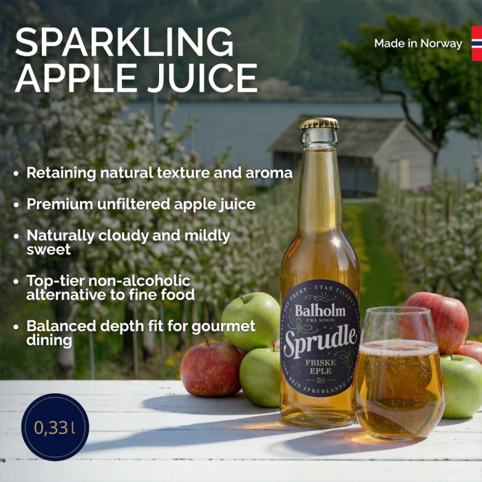A bottle of Balholm Sprudlle Sparkling Apple Juice stands on a white table outdoors, next to a glass of the golden drink and several red and green apples. Large text reads 'SPARKLING APPLE JUICE' with marketing bullet points and a small 'Made in Norway' flag.