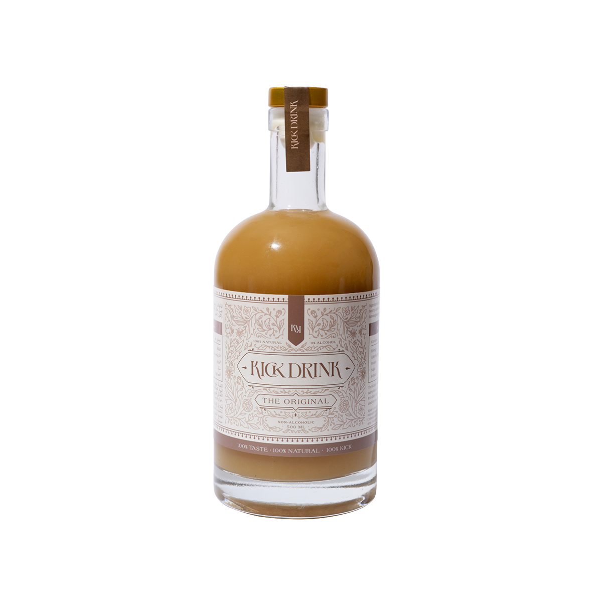 Bottle of 'Kick & Drink' on a white background