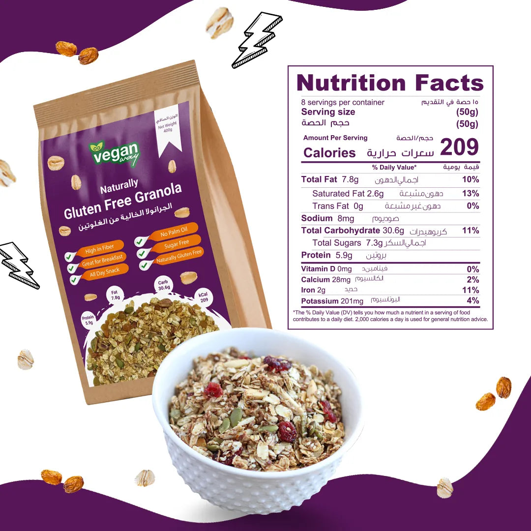 Vegan gluten free granola pouch shown next to a bowl of prepared granola with a printed Nutrition Facts panel on a stylized purple and white background.