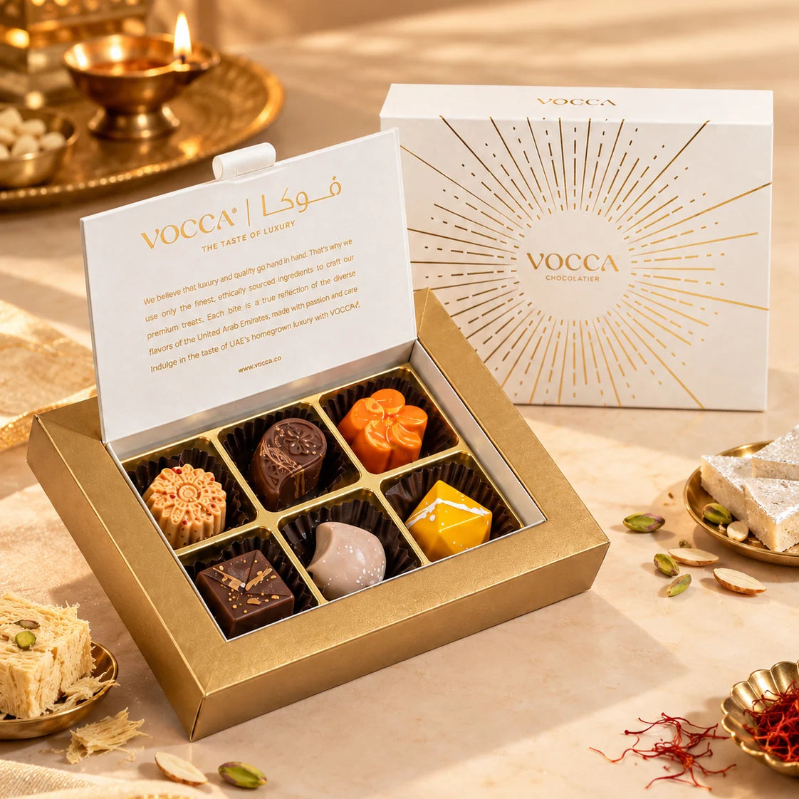 An open gold box of six assorted chocolates and sweets displayed next to its white and gold branded box, with traditional sweets and decorative props on a beige surface.