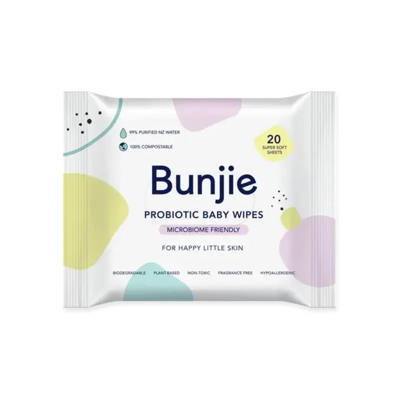 A pack of Bunjie Probiotic Baby Wipes on a plain white background. The packaging is white with pastel yellow, purple, and teal abstract shapes, featuring the brand name 'Bunjie' in dark blue text.