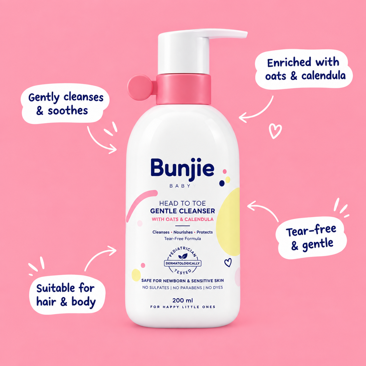 A bottle of Bunjie Baby gentle cleanser with a pump dispenser, set against a solid pink background with several white text callout bubbles highlighting product features.