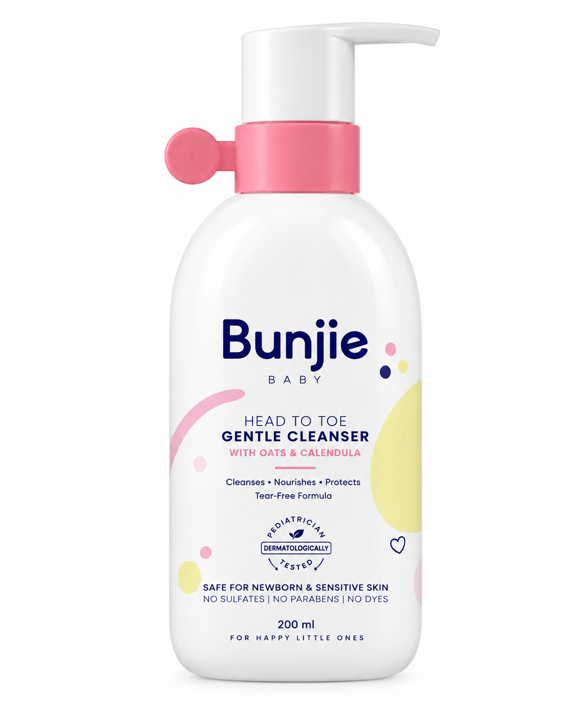 A 200 ml bottle of Bunjie Baby Head to Toe Gentle Cleanser with a white pump, pink collar, and colorful pastel graphics on a white background.
