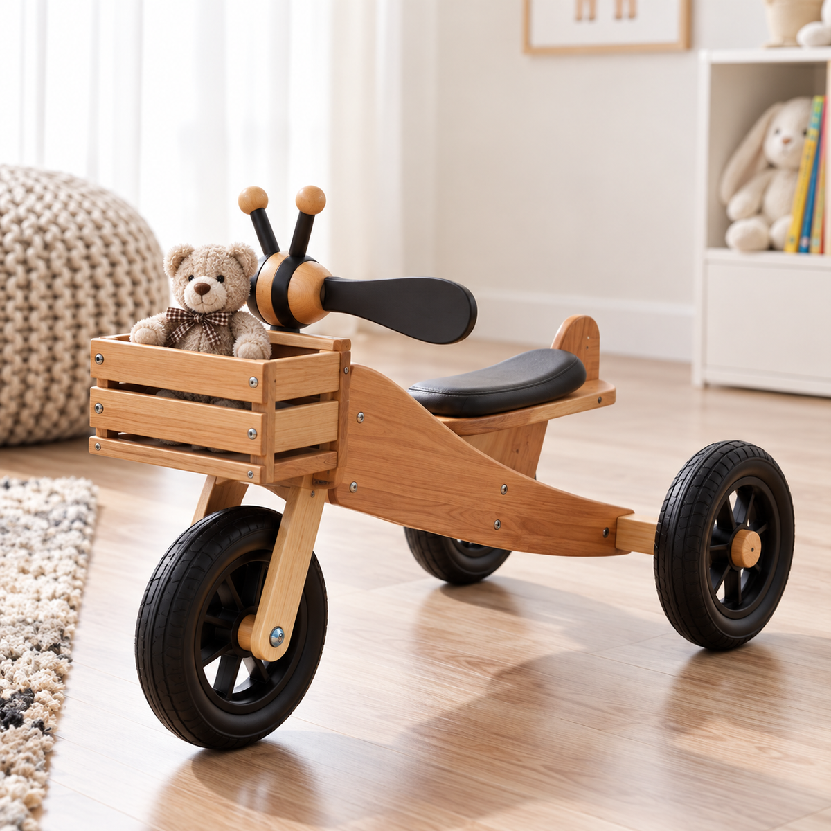 A wooden children's tricycle with a front cargo crate, black seat, and black wheels, shown in a bright indoor room with a teddy bear sitting in the crate.