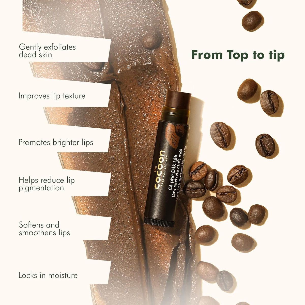 Cocoon lip exfoliator with coffee beans on a light background