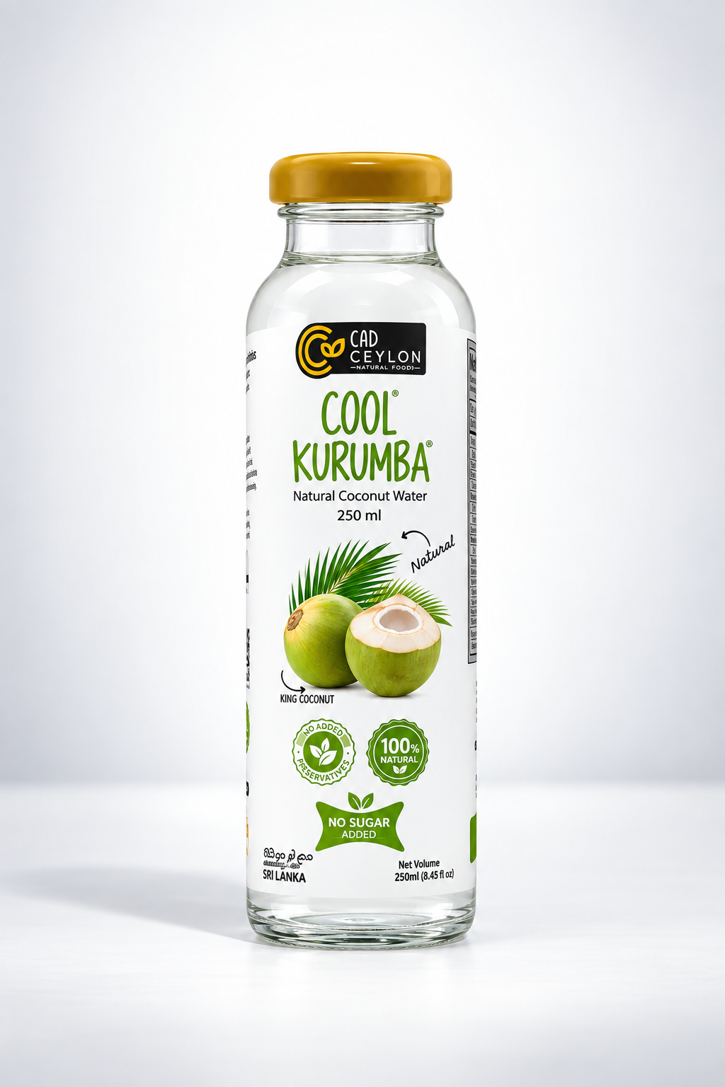 A 250 ml glass bottle of Cad Sevil Cool Kurumba natural coconut water, featuring a yellow cap and a white label with green and yellow graphics, set against a clean white background.