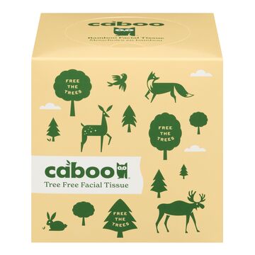 A square box of caboo Tree Free Facial Tissue with a light beige background and dark green forest illustrations including trees, a deer, a bird, a fox, and clouds. The brand name 'caboo' is printed on the front.
