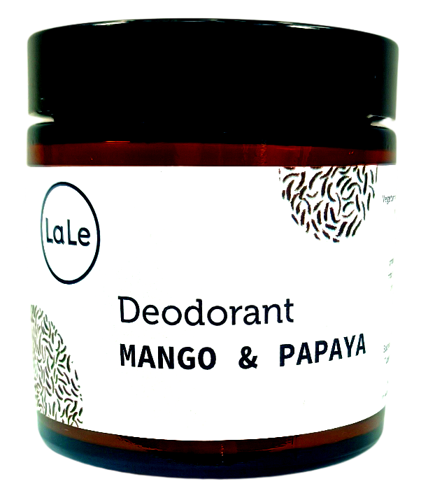 A jar of LaLe Deodorant in Mango & Papaya scent, featuring a white label with black text and botanical patterns, set against a plain white background.