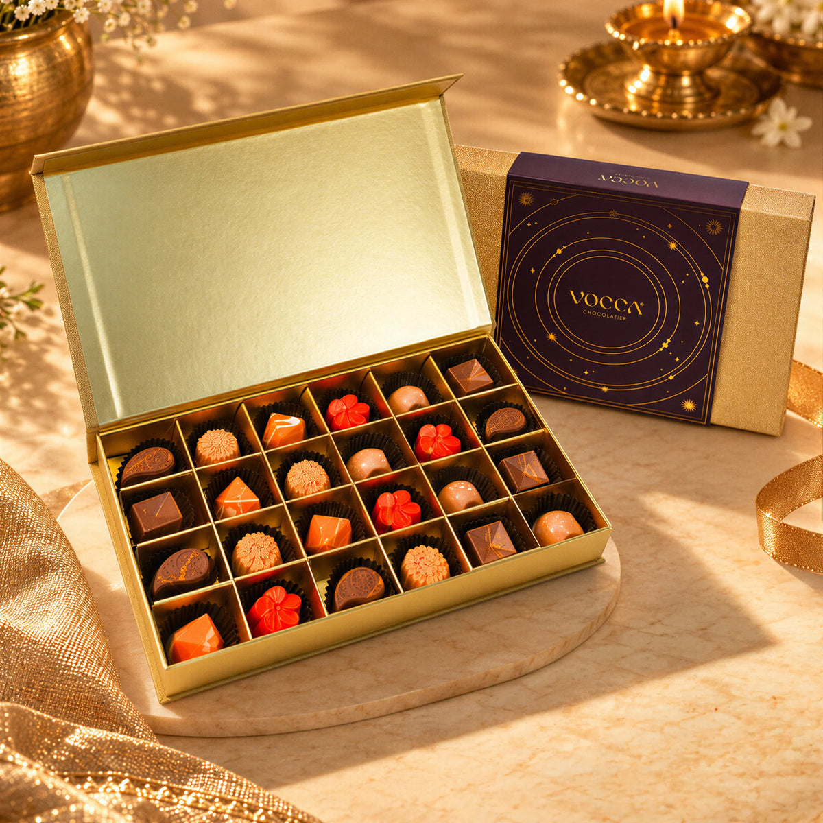 An open gold box of assorted chocolates displayed on a marble surface, with the branded box closed beside it and warm golden lighting in a styled setting.