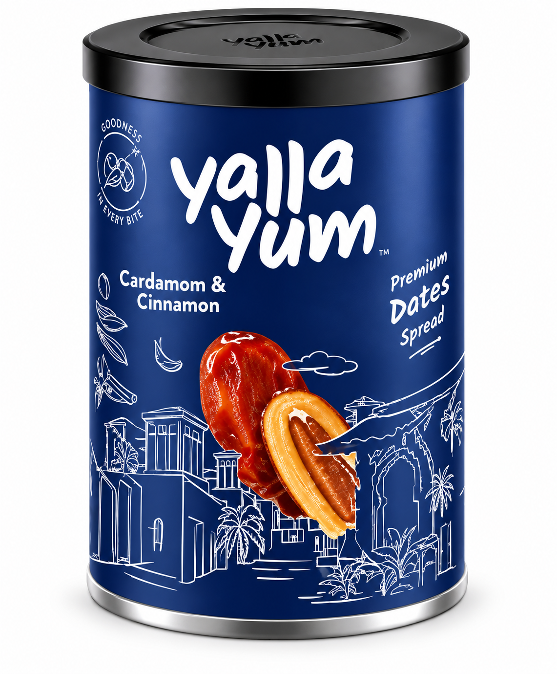 A cylindrical metal tin of Yalla Yum Premium Dates Spread on a clean white background. The tin is dark blue with white text and line drawings of buildings and spices, featuring an illustration of two dates on the front.