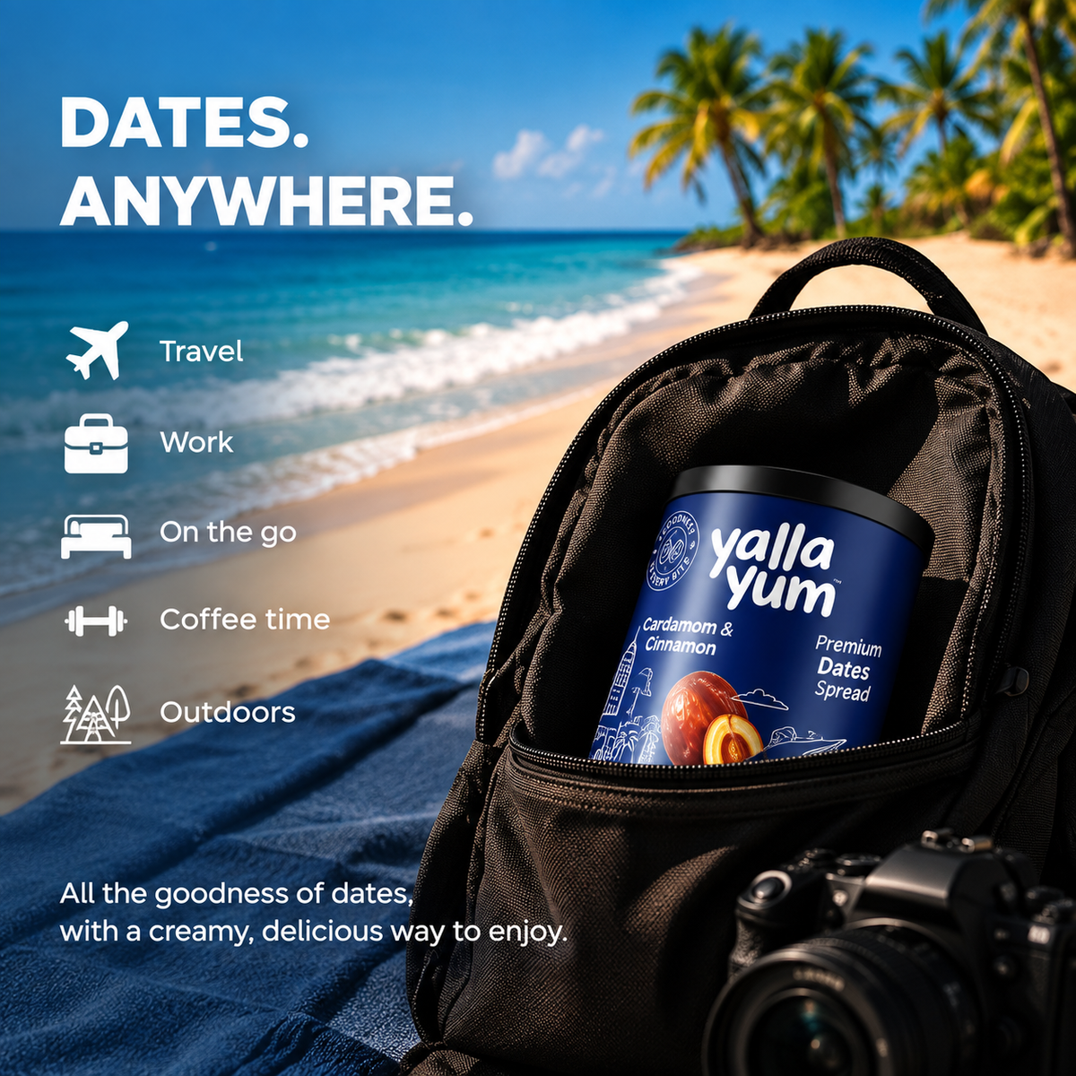 A black backpack on a beach with a blue Yalla Yum canister inside the front pocket. The scene includes beach scenery, palm trees, ocean, and text reading 'DATES.